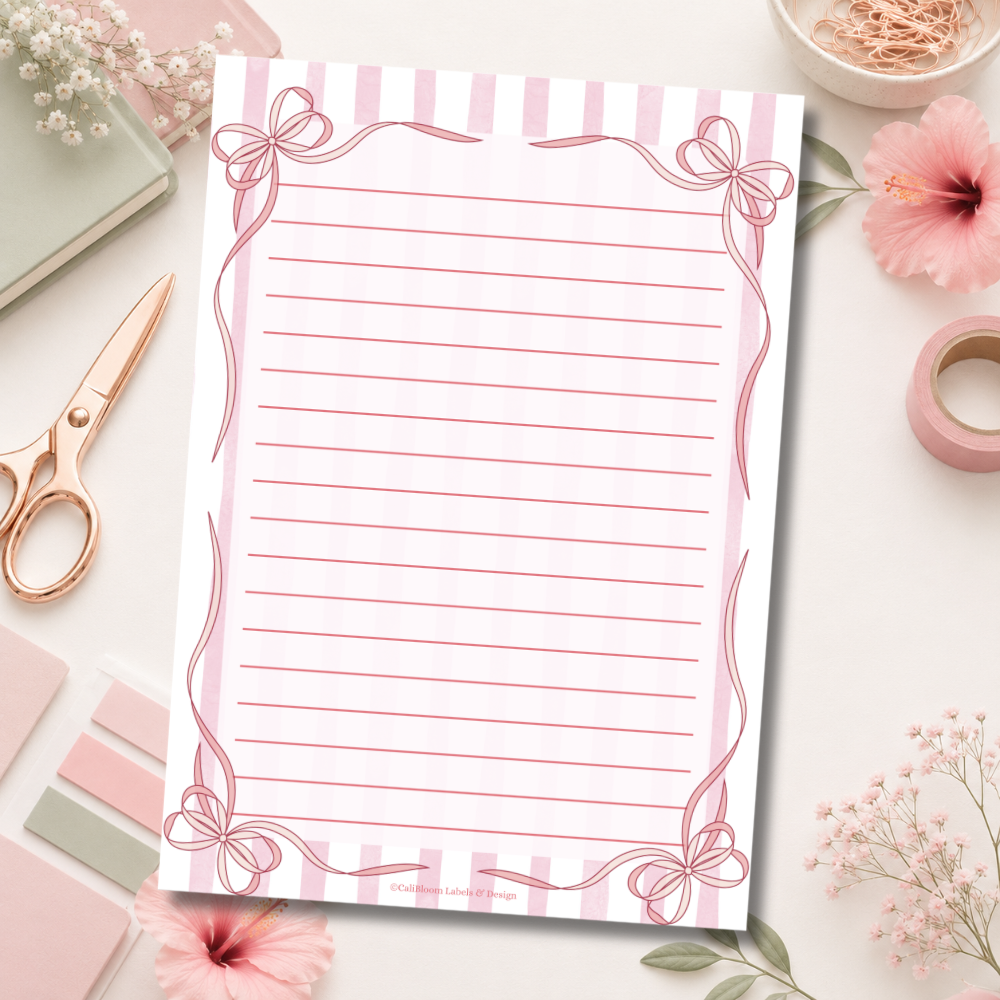 Pink Bow A5 Writing Sheets