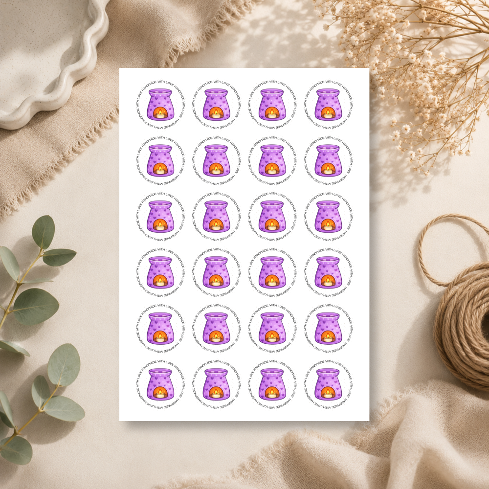 45mm Round Handmade With Love Wax Melt Stickers - 9 Colours