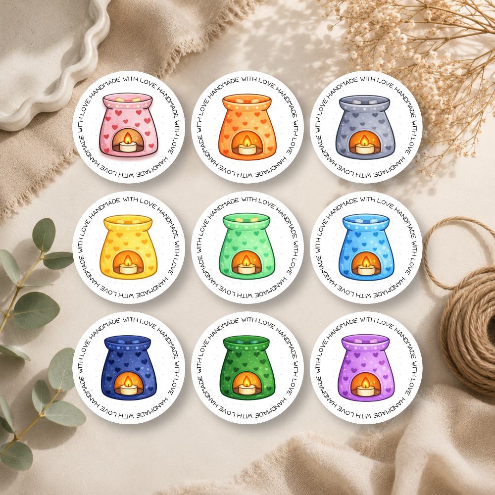 45mm Round Handmade With Love Wax Melt Stickers - 9 Colours